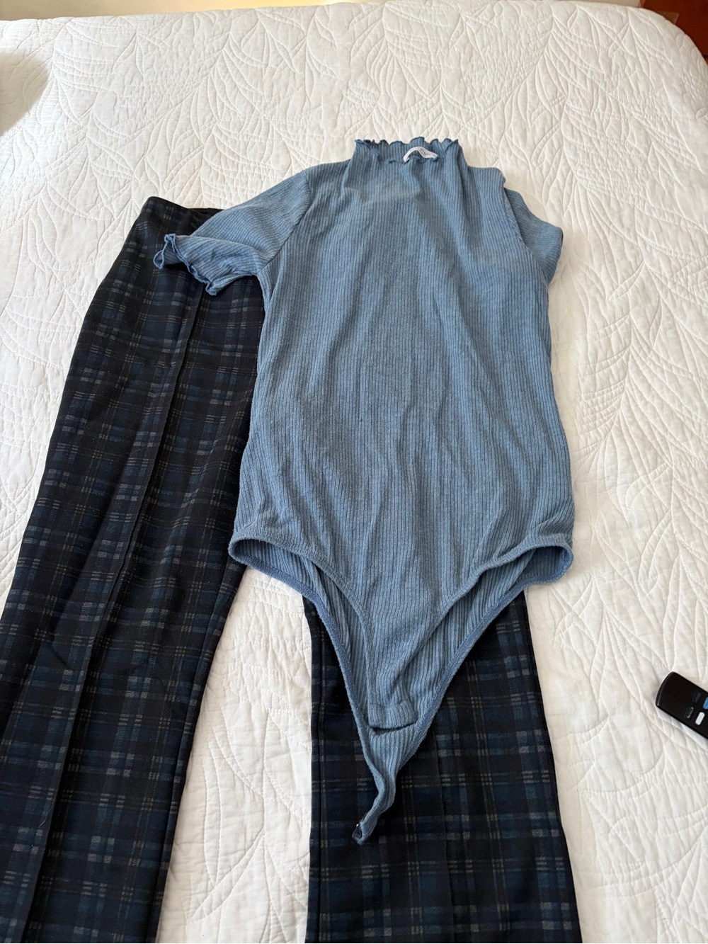 Ribbed Blue Bodysuit with Plaid Trousers